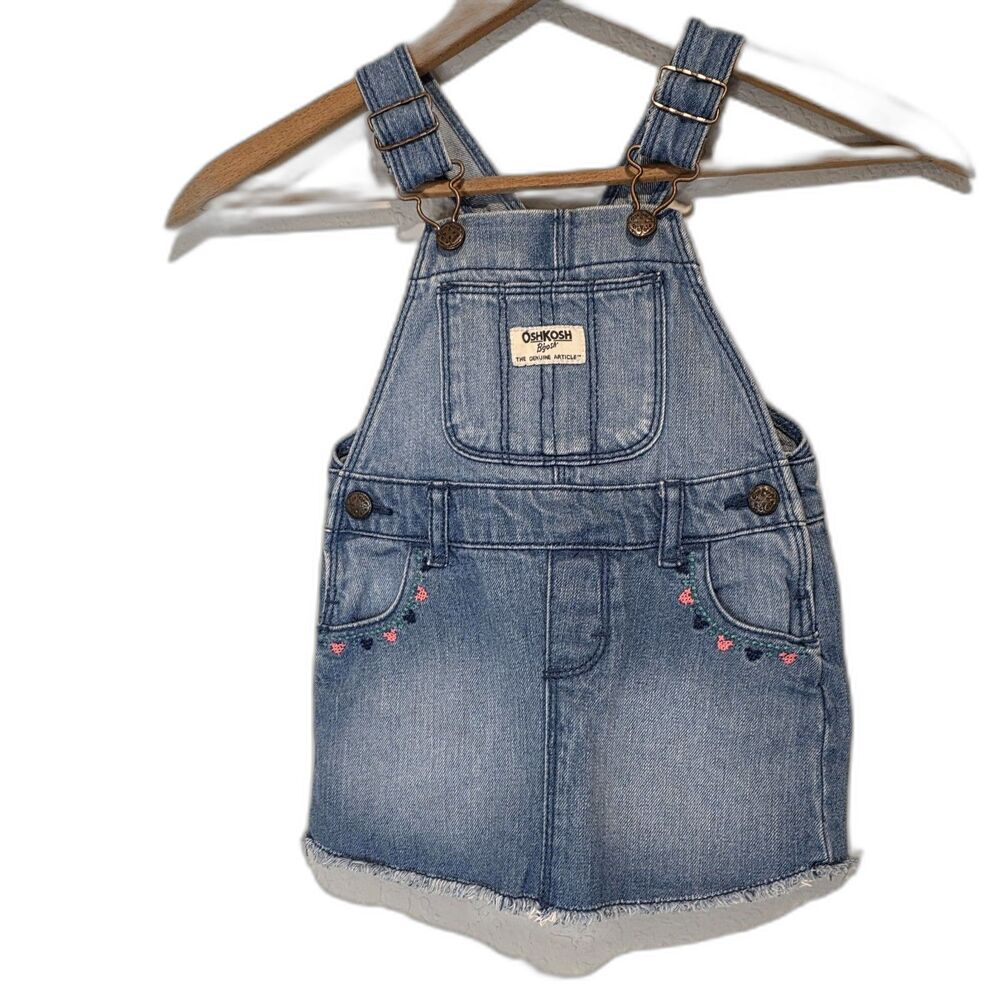 VTG Oshkosh B'gosh Denim Bib Overalls Dress Embroidered Hearts Size 18M